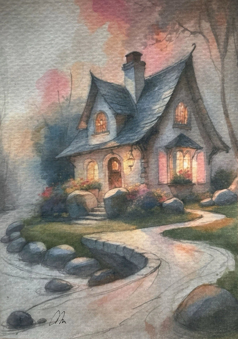 Cottage with dark blue roof, stone path, and watercolor trees in background, size 5x7 inches.